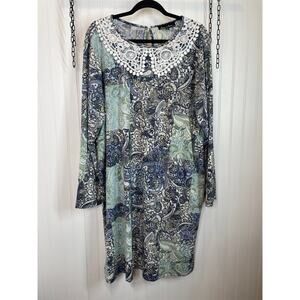 Allison Andrews Blue Paisley Long Sleeve Crochet Collar Sheath Dress Size 3X